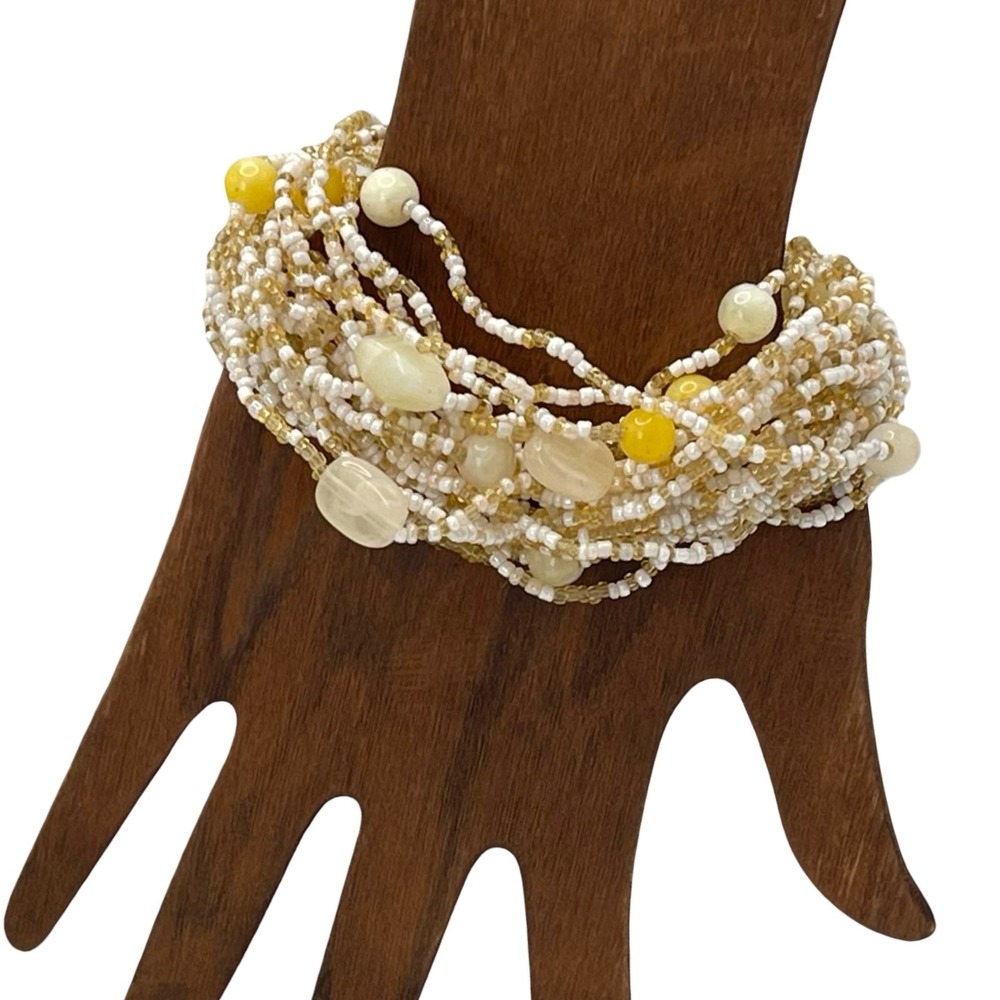 Vintage Multi Strand Glass‎ Seed Bead Bracelet Yellow White Beach Boho Statement